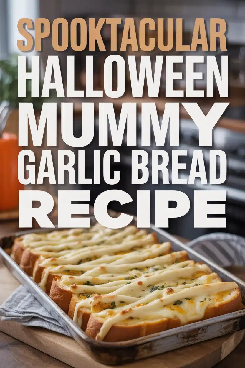 A Pinterest style image for Halloween Mummy Garlic Bread 
