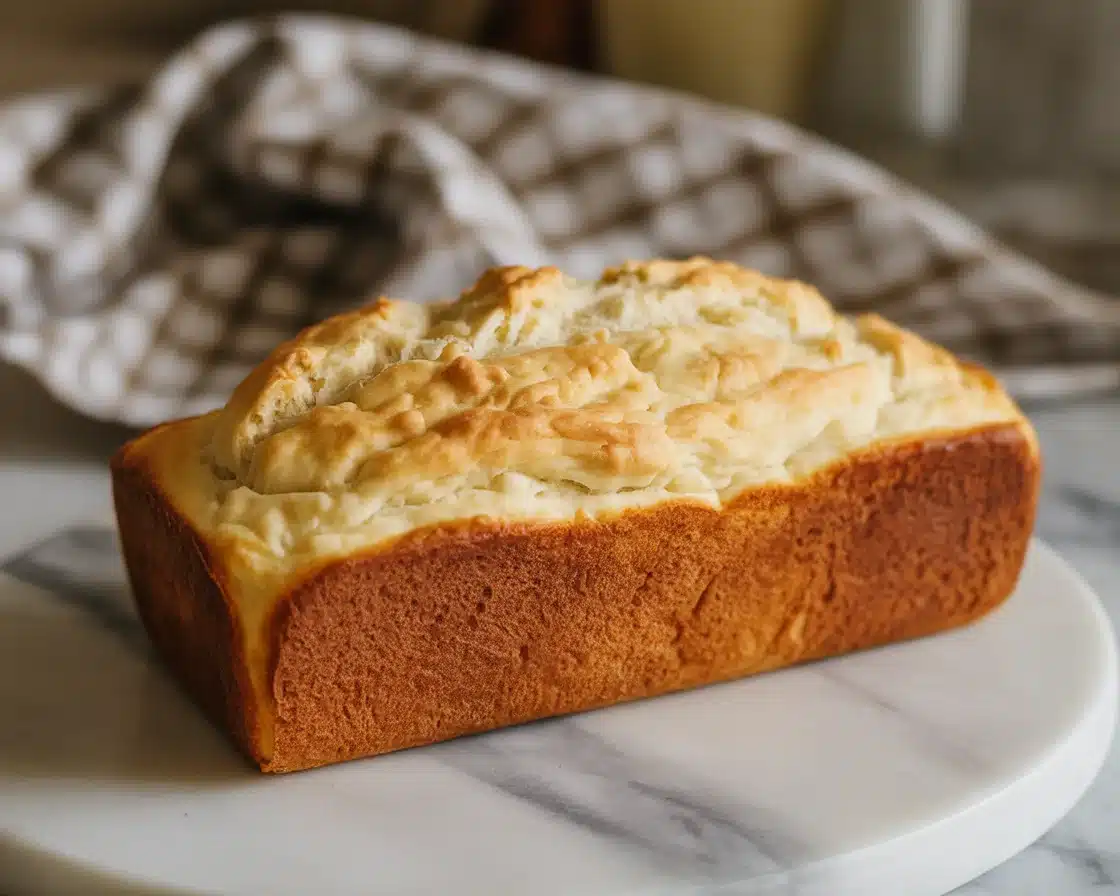 A beautiful piece of flourless cottage cheese bread on ceramic marbling table