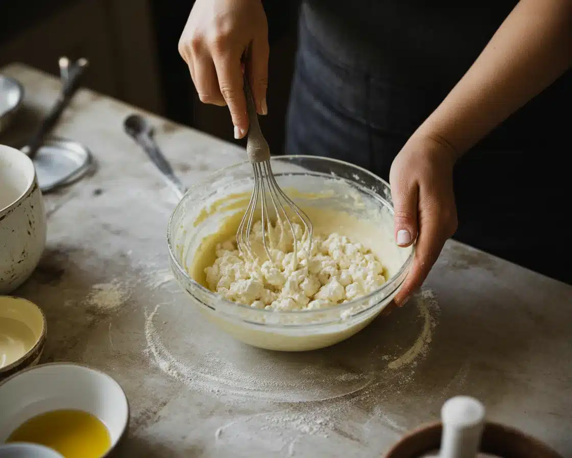 Mixing the ingredients of flourless cottage cheese bread recipe in a bowl