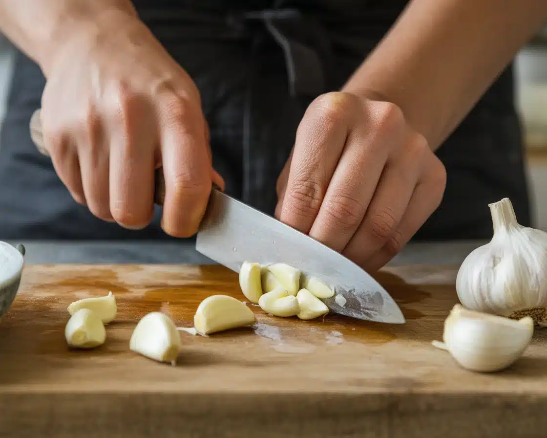 A hands cutting Garlics with a knife on rustic woden table