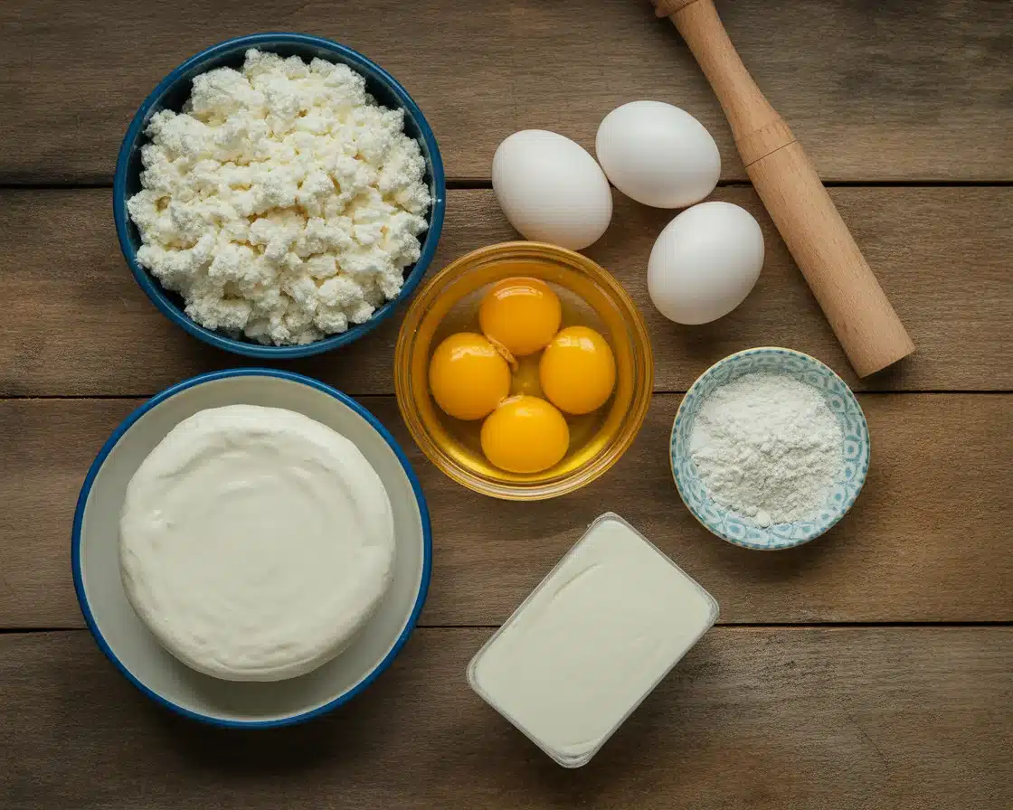 A head-shot of All the ingredients for flourless cottage cheese bread on woden table
