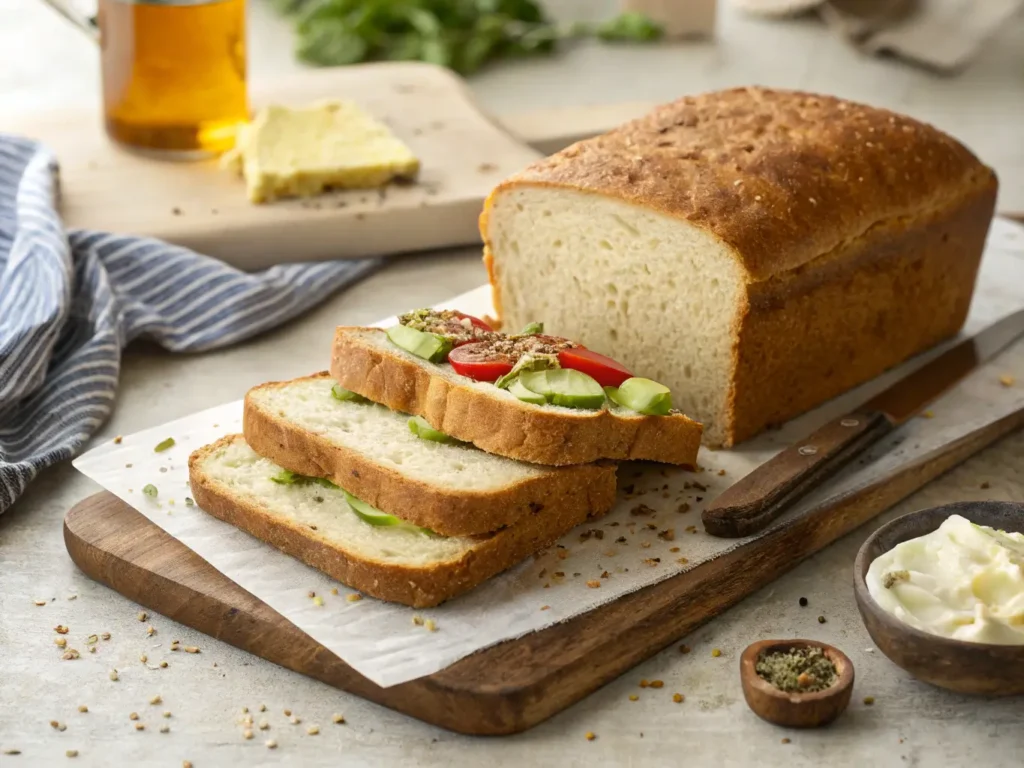 baked gluten-free dairy-free sandwich bread showing soft texture and ability to hold sandwich fillings