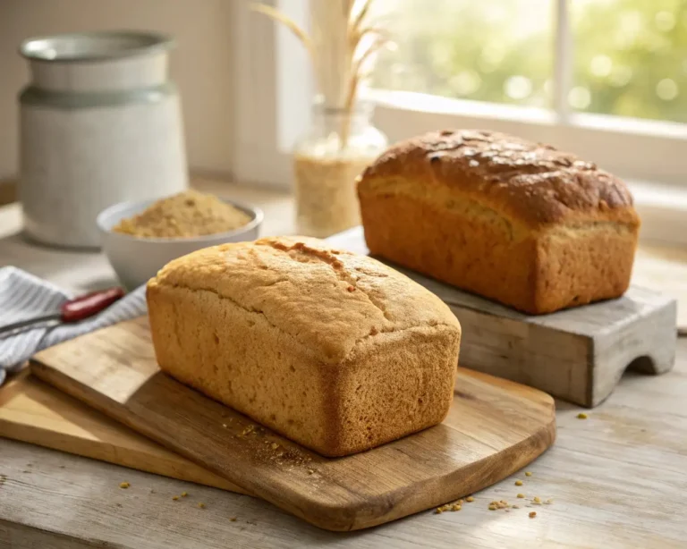 Comparison of dense failed gluten-free dairy-free bread versus perfectly risen gluten-free dairy-free bread loaf showing troubleshooting results