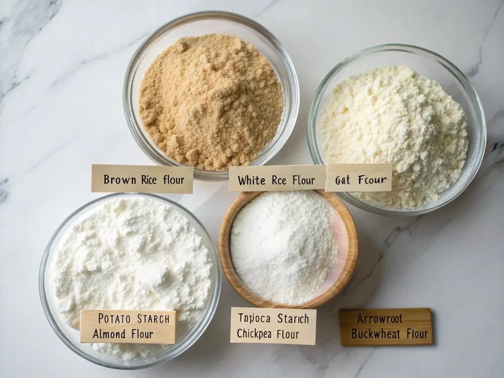 Four categories of gluten-free flours organized in glass bowls showing base flours, starch flours, protein flours, and specialty flours for bread making