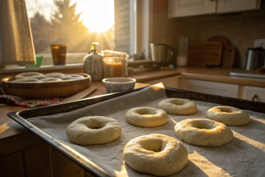 Shaped bagel rings rising on baking sheet in warm kitchen for 60 minutes