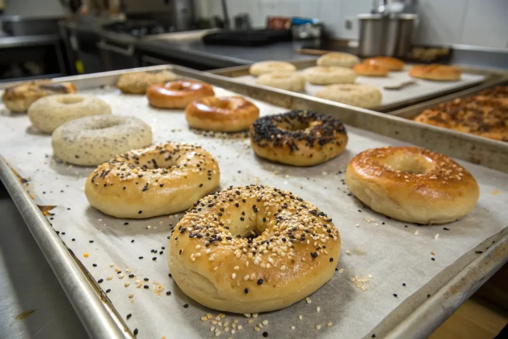 Boiled bagels on baking sheet topped with sesame seeds and poppy seeds before baking