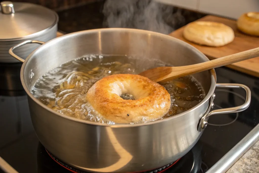 Gluten-free bagels boiling in honey water for 1 minute each side for shiny crust