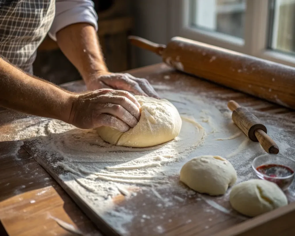 Baker's hands shaping refrigerated gluten-free dough into intricate spider web pattern using revolutionary cold shaping technique with professional tools