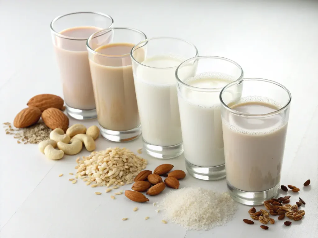 comparison-of-different-dairy-free-plant-milks-in-glasses-with-their-source-ingredients-for-gluten-free-bread-baking