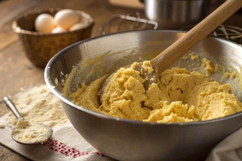 Lumpy gluten-free dairy-free cornbread batter being mixed with wooden spoon showing just-combined texture