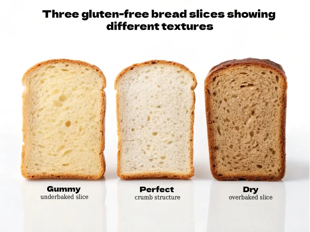 Gluten-free bread troubleshooting guide showing cross-sections of gummy, perfect, and dry bread textures for identifying baking chemistry issues