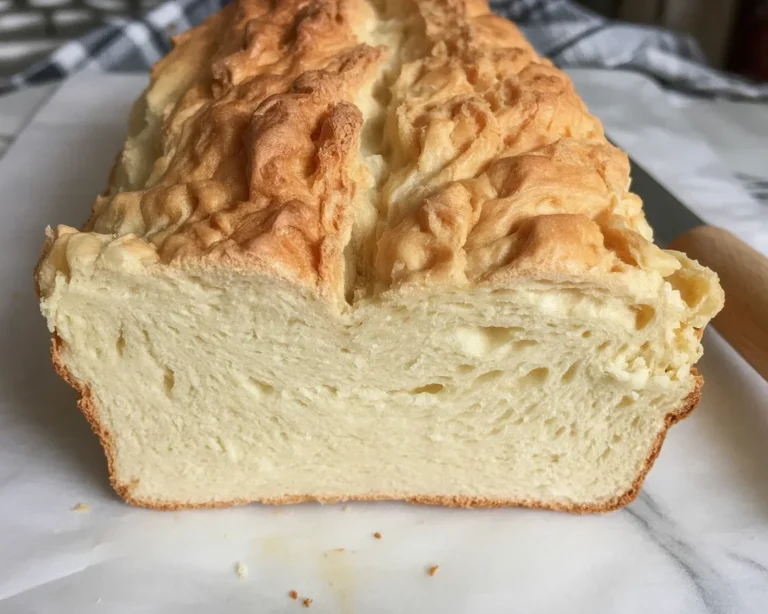 Slice of flourless cottage cheese bread on a wooden cutting board, showcasing its fluffy texture.