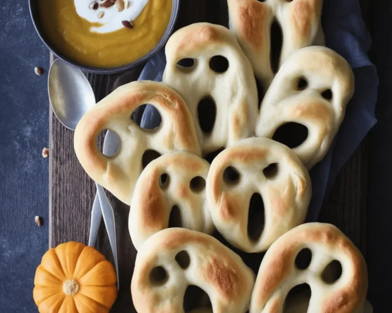 No-knead Ghost Fougasse bread shaped like ghosts, perfect for Halloween.