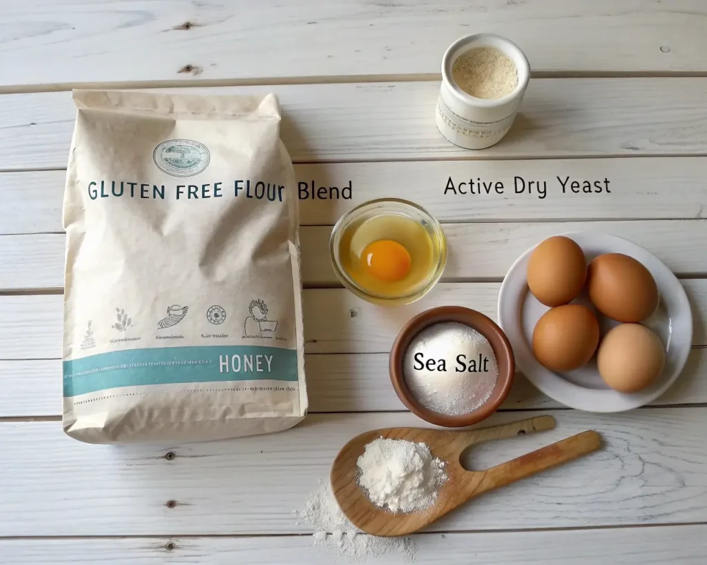 Overhead view of five essential gluten-free bread ingredients arranged in circle on wooden farmhouse table with baker's confident hands measuring