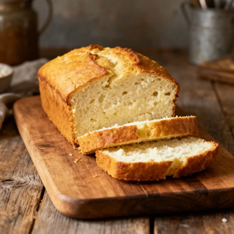 Flourless cottage cheese bread loaf with golden crust, sliced on a wooden board in natural light, high‑protein gluten‑free recipe