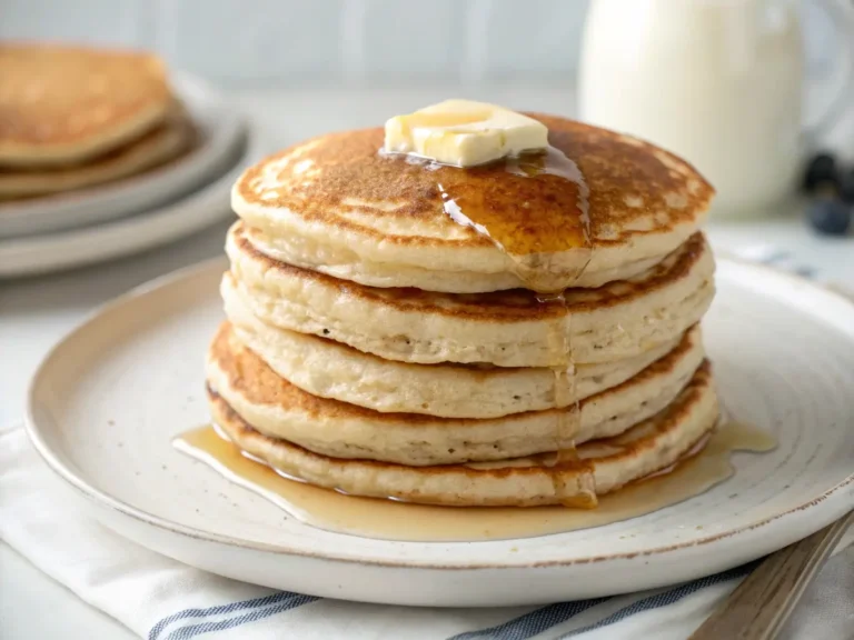Stack of fluffy gluten‑free sourdough pancakes with butter and maple syrup on a stoneware plate