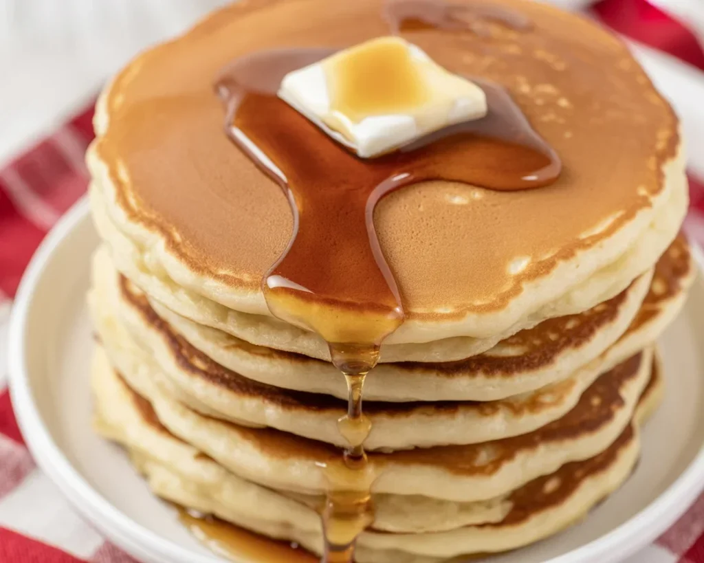 Fluffy gluten-free sourdough pancakes served with syrup and fresh berries.