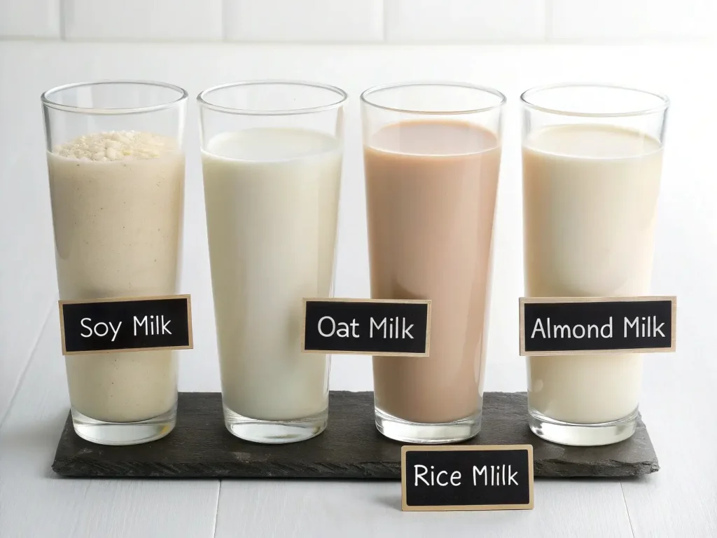 Comparison of plant-based milk alternatives for gluten-free baking showing soy, oat, almond and rice milk with different protein contents for bread structure