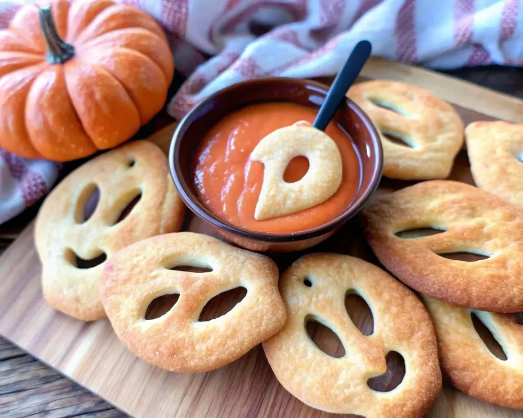 Homemade ghost-shaped fougasse bread with spooky face cutouts served with creamy pumpkin soup for Halloween appetizer
