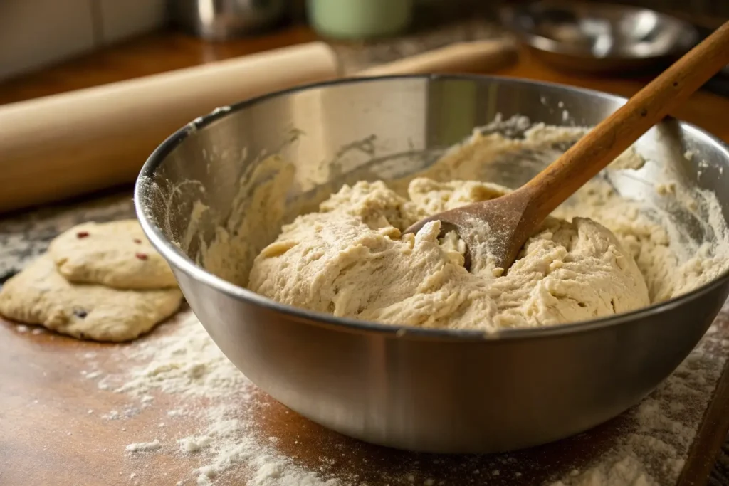 Sticky gluten-free bagel dough being mixed in bowl showing proper consistency for shaping