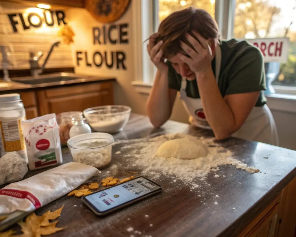 Frustrated home baker with hands on temples surrounded by scattered gluten-free flour bags and multiple recipe tabs on phone in cluttered kitchen