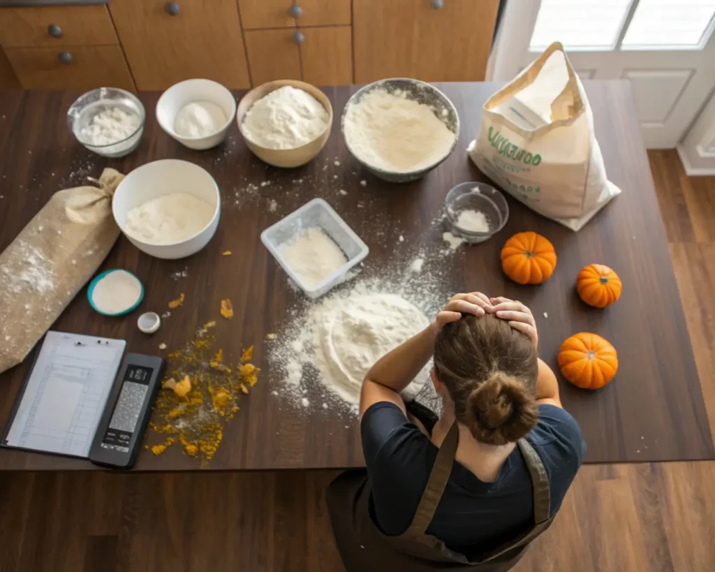 Overhead view of messy kitchen counter with spilled gluten-free flour bags, failed baking attempts, and overwhelmed woman holding her head during gluten-free bread baking disaster