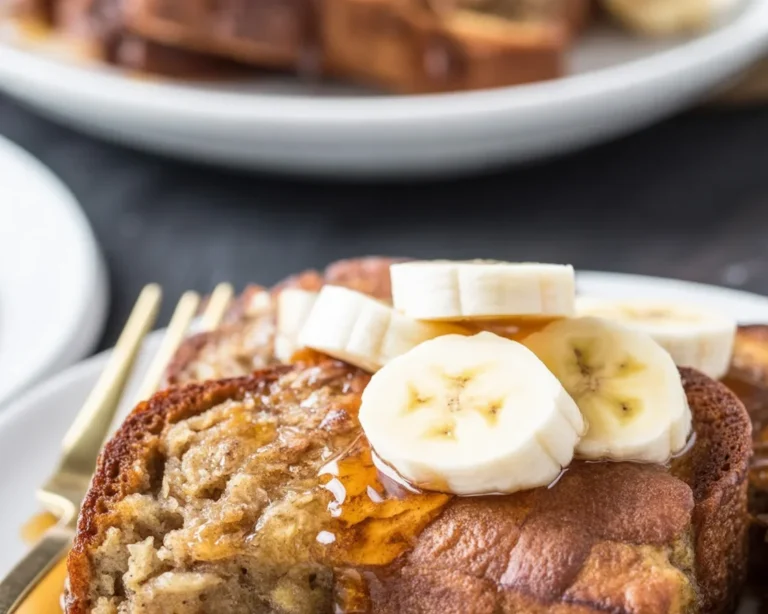 Delicious gluten-free banana bread French toast with syrup and banana slices