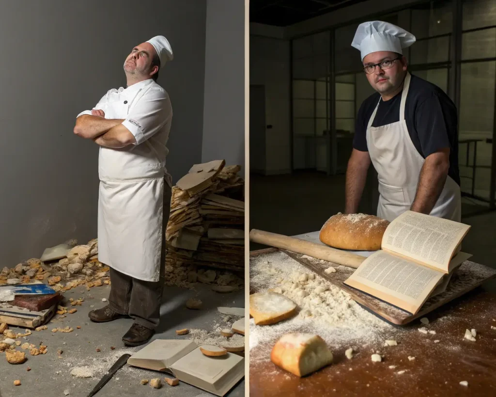 Dramatic before and after comparison showing baker's transformation from failed conventional attempts to mastering revolutionary Halloween gluten-free bread techniques