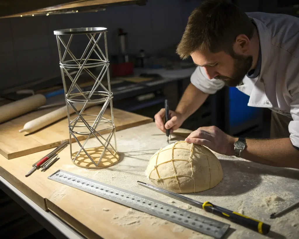 Revolutionary bread engineering showing wooden skewers and parchment tube supports creating internal skeleton for towering Halloween gluten-free castle design