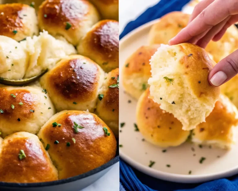 Golden-brown gluten-free cheddar cheese dinner rolls in cast iron skillet showing fluffy interior