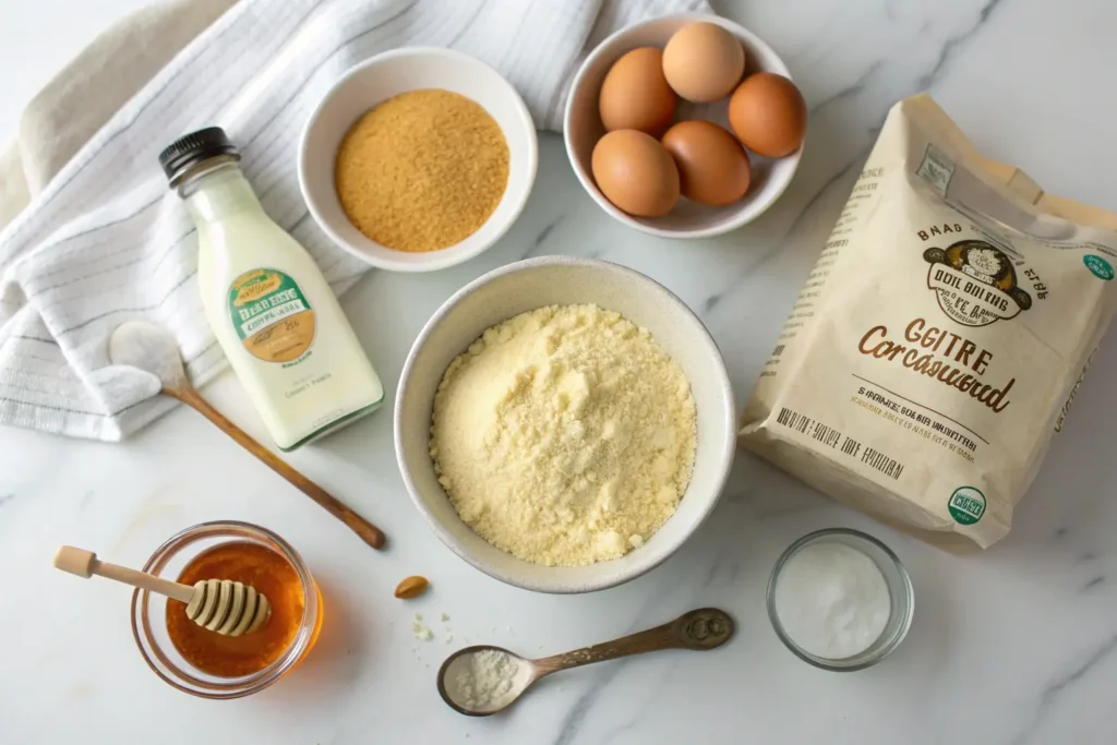 Gluten-free cornbread ingredients arranged on white marble: cornmeal, flour, almond milk, eggs, and honey