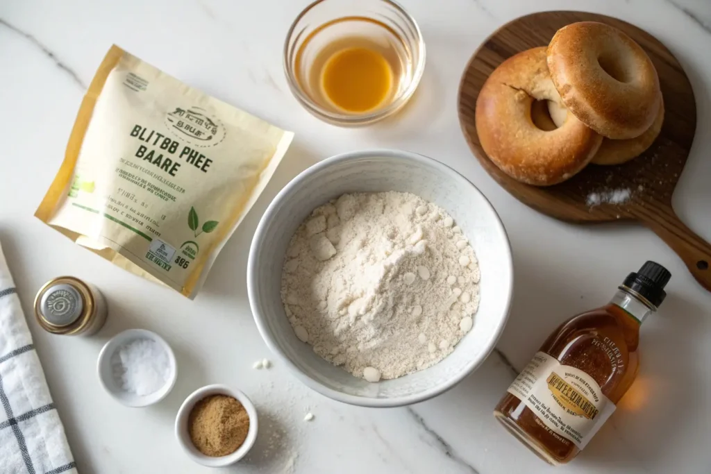 Gluten-free bagel ingredients arranged on counter: flour blend, instant yeast, sugar, salt, and water