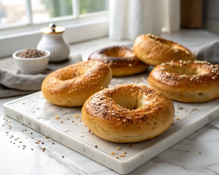 Golden brown gluten-free dairy-free bagels with shiny crust and sesame seeds on marble background