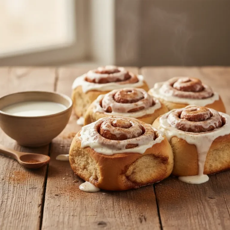 Freshly baked gluten-free dairy-free cinnamon rolls with golden swirls and white vegan cream cheese frosting on a wooden serving plate.