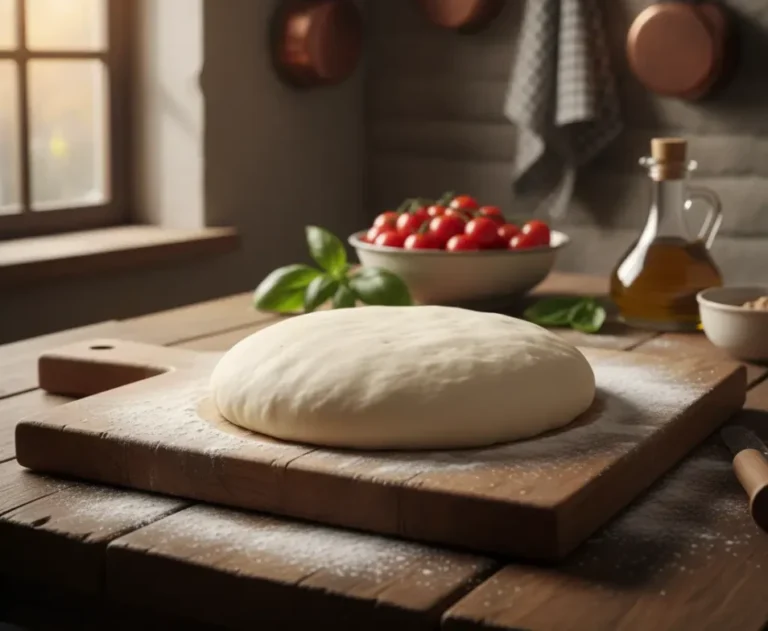 Overhead view of a round gluten-free dairy-free pizza dough resting on a floured wooden board with fresh tomatoes and basil for garnish.