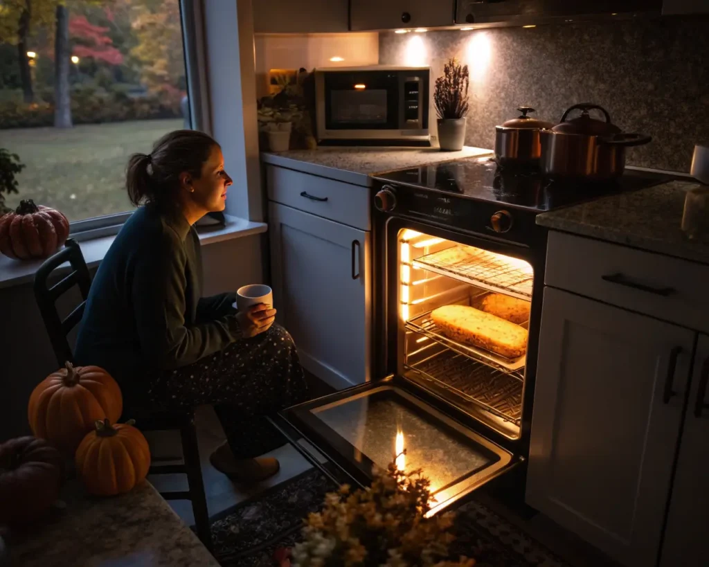 Woman waiting nervously as gluten-free Halloween bread rises in home oven at dusk with autumn pumpkins and warm kitchen lighting