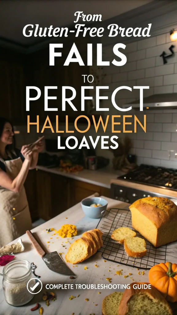Pinterest image showing gluten-free Halloween bread transformation from kitchen failures to perfect golden loaves with troubleshooting text