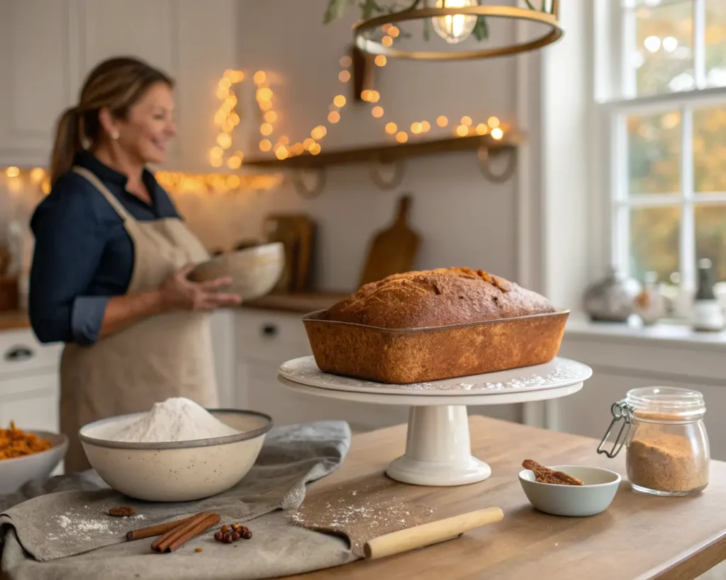 Woman proudly displaying successful gluten-free pumpkin bread on cake stand in warm autumn kitchen with family gathering around