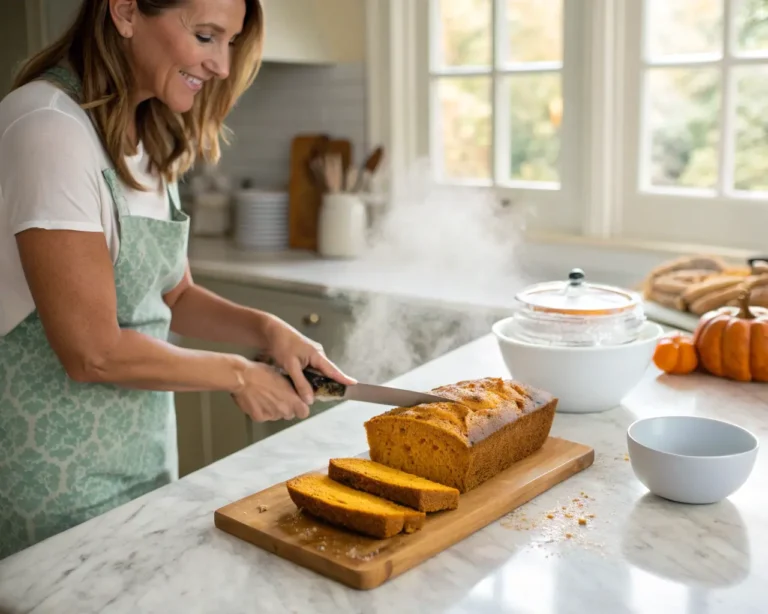 Emma Oatmill successfully slicing perfect gluten-free pumpkin bread in organized kitchen, showing steam rising from golden crust and moist orange interior, representing gluten-free baking mastery