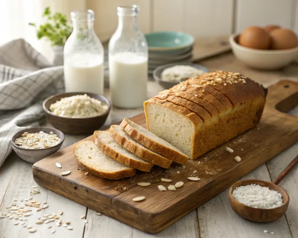 Perfect golden gluten-free dairy-free bread loaf sliced on wooden cutting board with various gluten-free flours and plant milks