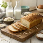 Perfect golden gluten-free dairy-free bread loaf sliced on wooden cutting board with various gluten-free flours and plant milks