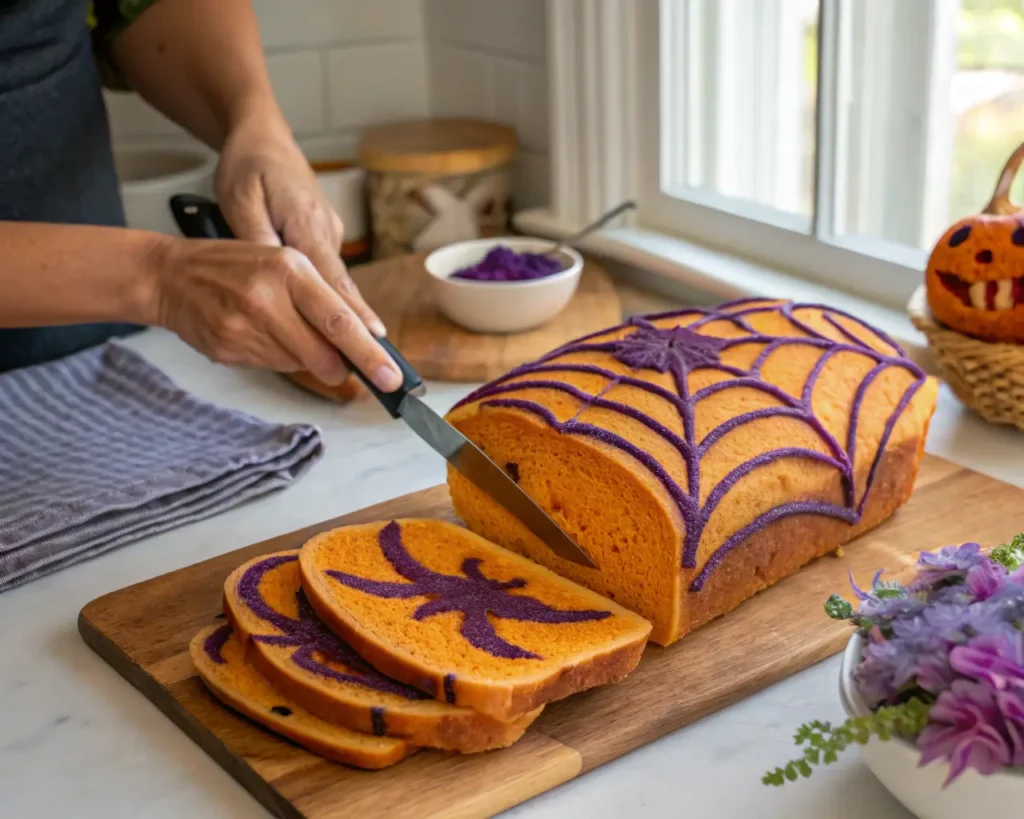 Sliced pumpkin-shaped gluten-free bread revealing hidden purple and orange spider web pattern using internal decoration technique with amazed onlookers