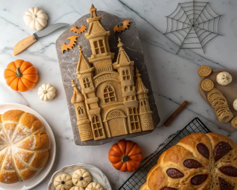 Extraordinary Halloween gluten-free bread sculptures featuring haunted mansion, spider web designs, and architectural details on marble countertop with professional lighting