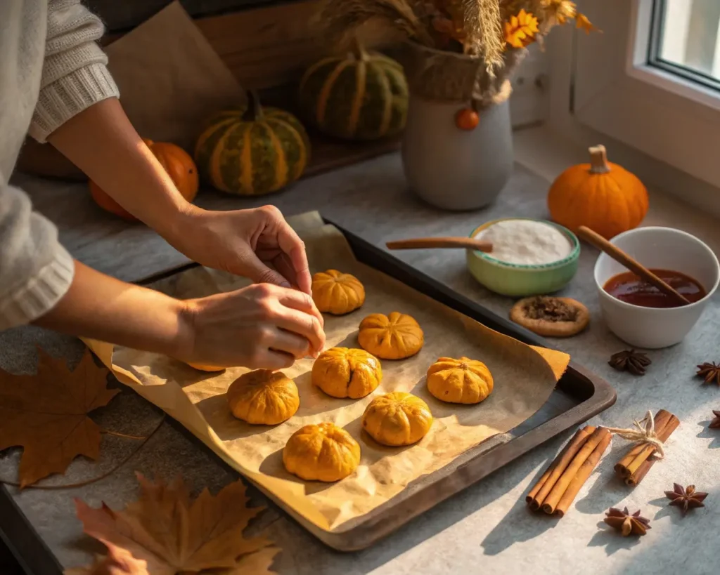 Hands shaping orange-tinted gluten-free dough into pumpkin-shaped rolls with autumn decorations and spices in cozy harvest kitchen lighting