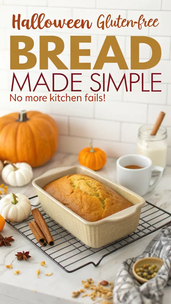 Pinterest image showing organized kitchen with Halloween gluten-free bread and "Made Simple" text overlay for beginner baking guide