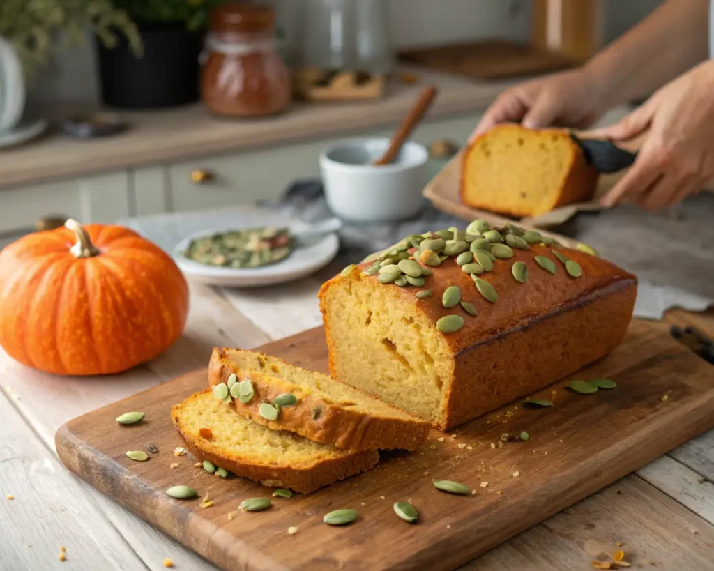 Golden Halloween gluten-free bread loaves cooling on rustic wooden counter with baker's proud hands nearby in warm autumn kitchen lighting