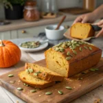 Golden Halloween gluten-free bread loaves cooling on rustic wooden counter with baker's proud hands nearby in warm autumn kitchen lighting