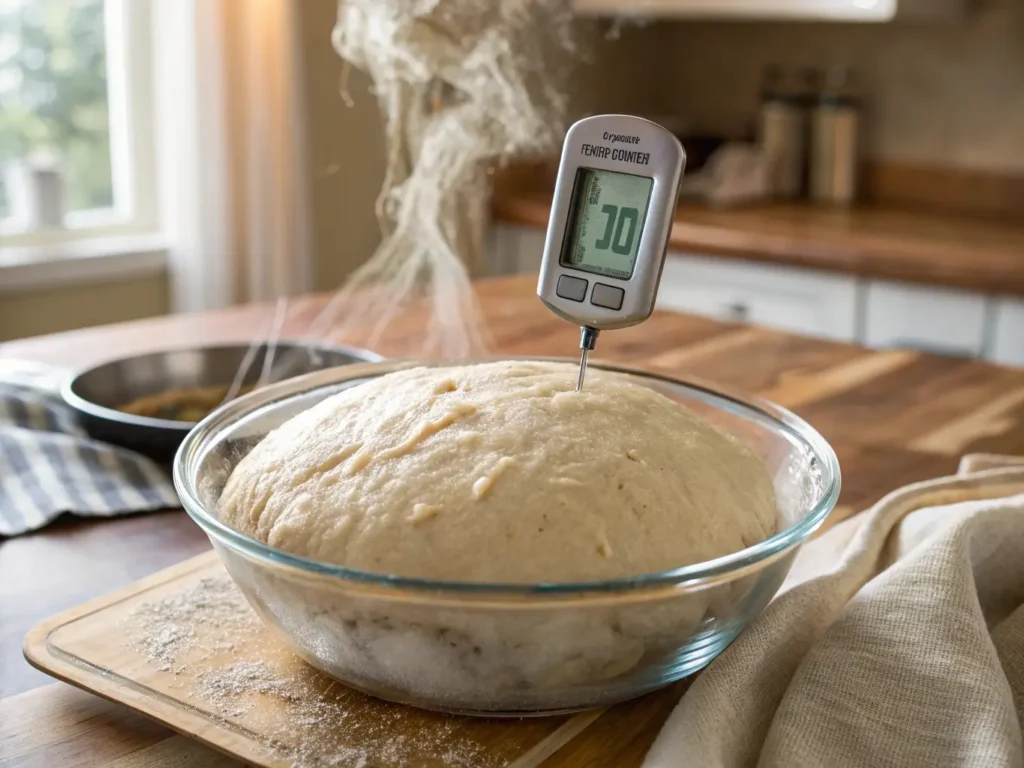 Digital thermometer measuring optimal 78-degree proofing temperature for gluten-free dairy-free bread dough fermentation and yeast activity