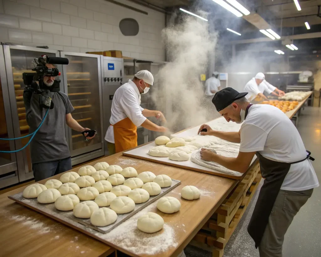 Multiple bakers rapidly shaping complex Halloween gluten-free bread sculptures using lightning speed technique with organized workspace and stopwatch timing