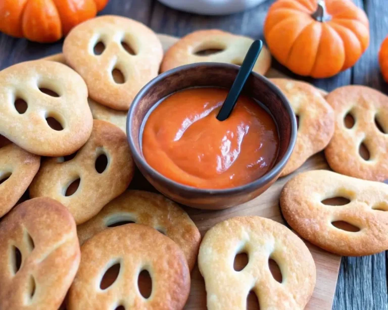 No-knead ghost fougasse Halloween bread with cut-out faces arranged around bowl of orange tomato soup with mini pumpkins